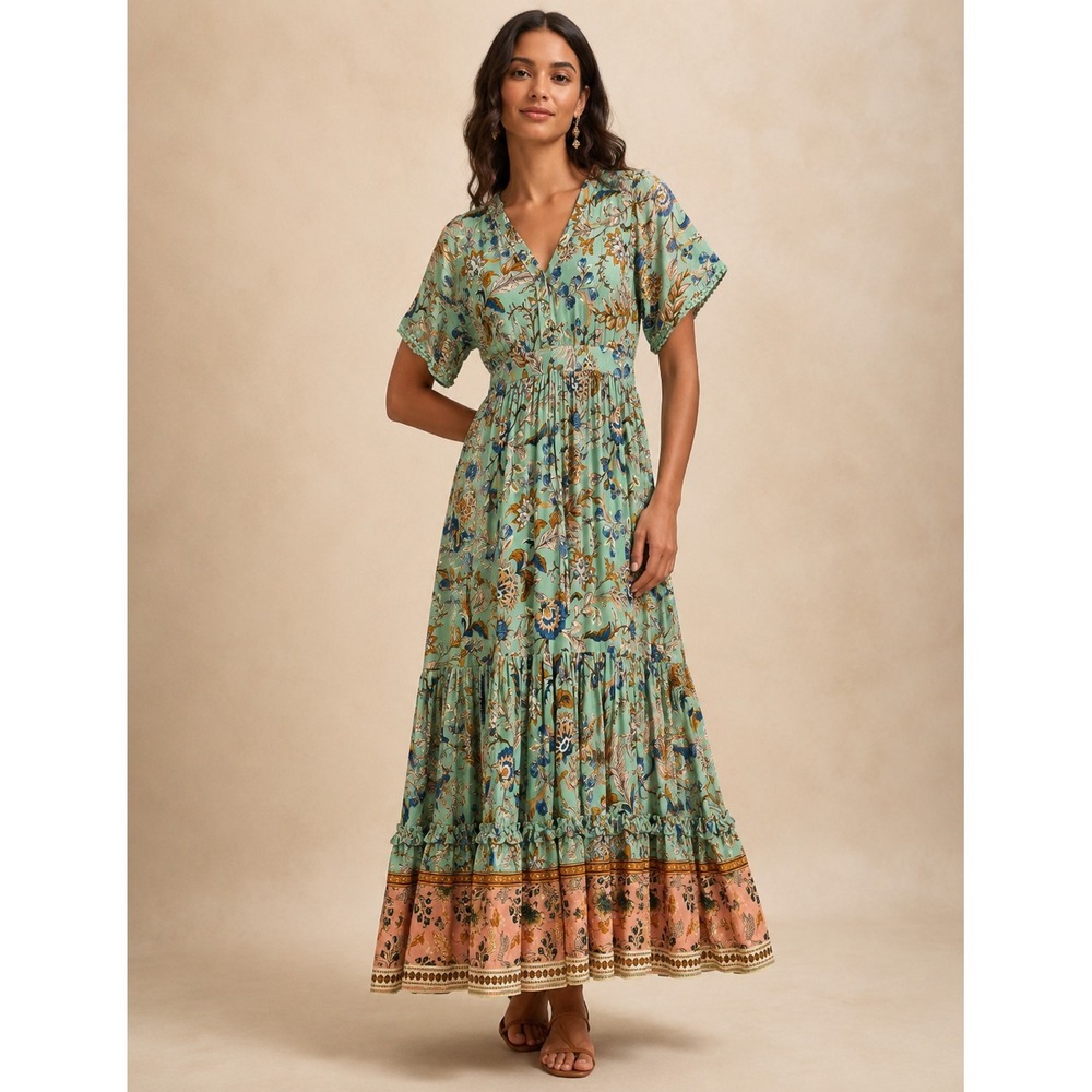 R.Vivimos Maxi Dress Sz L 12/14 Multicolor Tiered Cottage Prairie Boho Gypsy